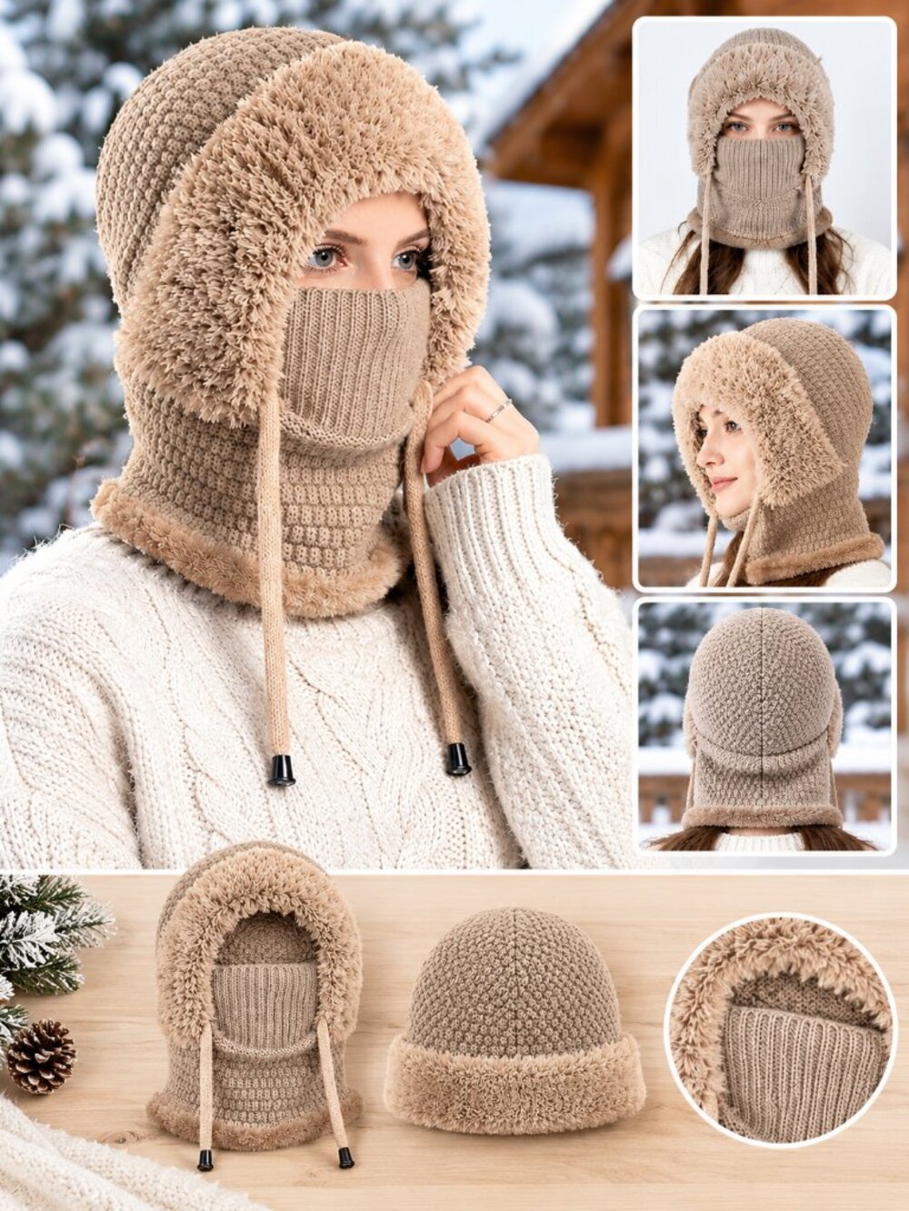 Women’s 3-in-1 Winter Beanie Hat Scarf Face Mask Balaclava Warm Ski